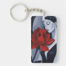 Modern Art Woman with Red Rose Acrylic Keychain