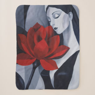 Modern Art Woman with Red Rose Cozy Fleece Blanket