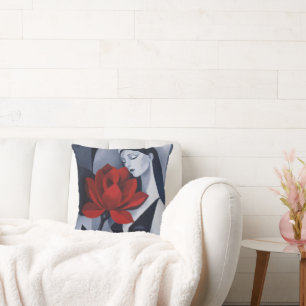 Modern Art Woman with Red Rose Decorative Throw Pi Pillow
