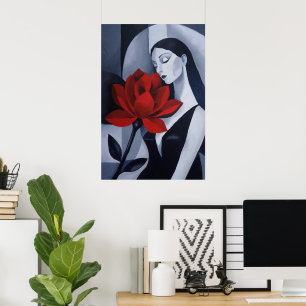 Modern Art Woman with Red Rose Flower Noir Portrai Poster