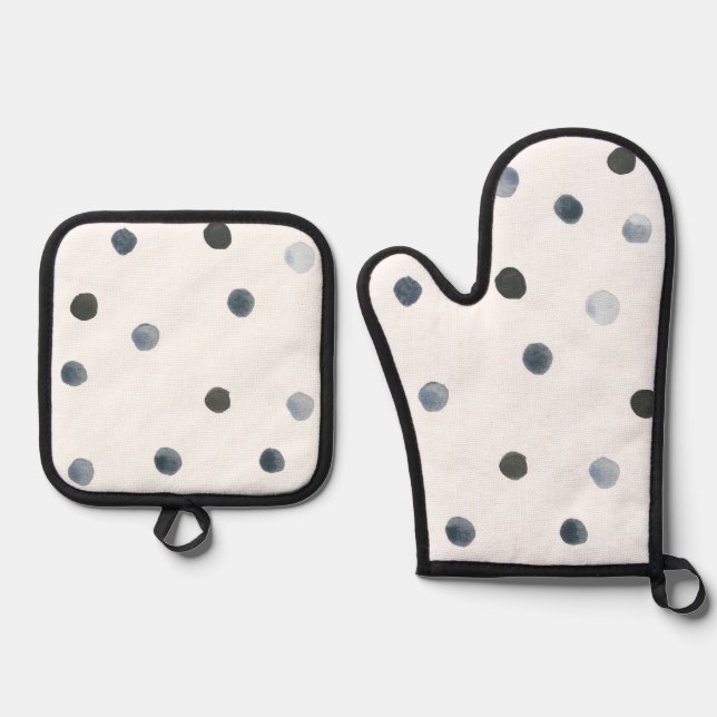 Modern Artisan Dots Grey Black Minimalist Kitchen Oven Mitt & Pot Holder Set (Front)