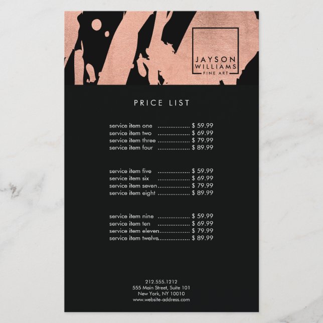 Modern Artist Abstract Rose Gold/Black Brushstroke Flyer (Front)
