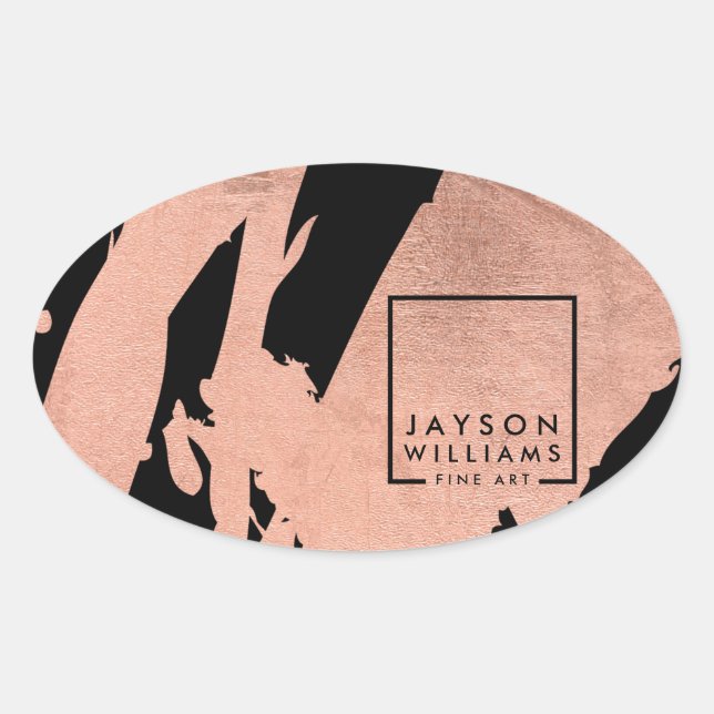 Modern Artist Abstract Rose Gold/Black Brushstroke Oval Sticker (Front)