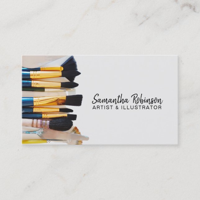 Modern artist illustrator paint brush photo script business card (Front)