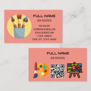 Modern Artist QR Code Coral Pink Paintbrush Business Card
