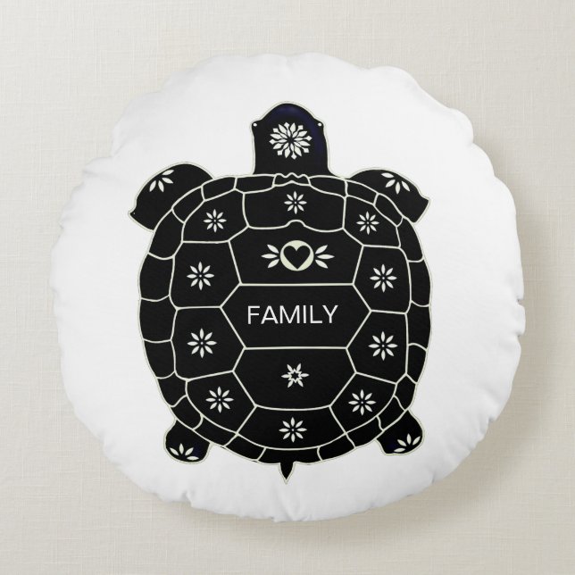 Modern Artistic Black Tortoise on White Round Pillow (Front)
