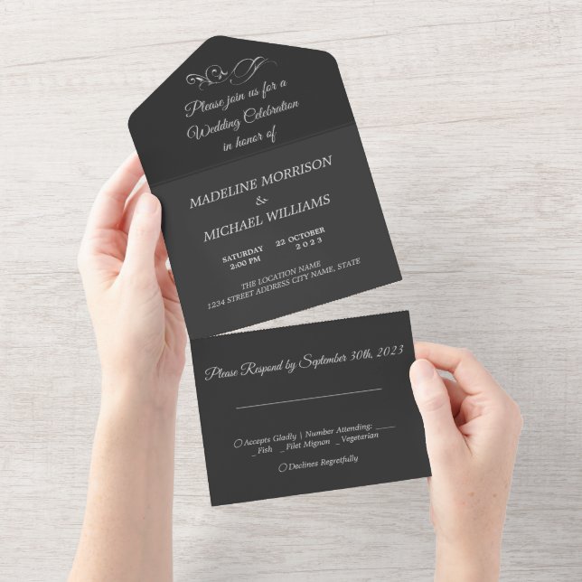 Modern Artistic Gray Black Monogram All In One Inv Invitation (Tearaway)