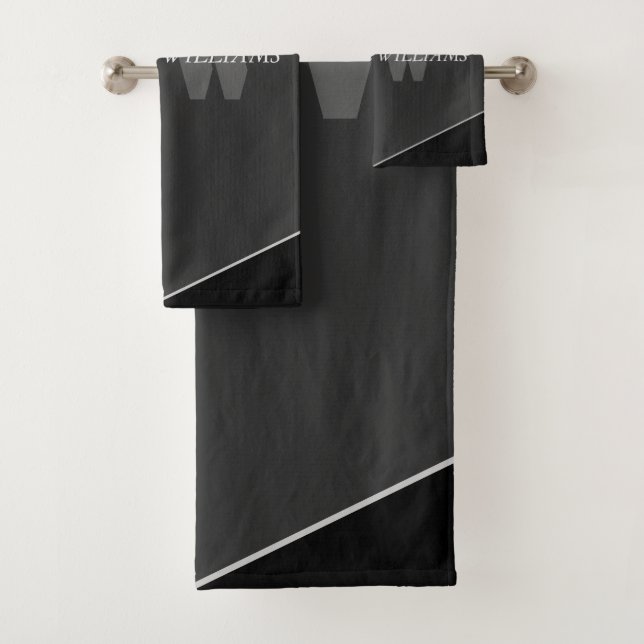 Modern Artistic Gray Black Monogram Bath Towel Set (Insitu)