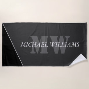 Modern Artistic Gray Black Monogram Beach Towel
