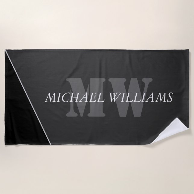 Modern Artistic Gray Black Monogram Beach Towel (Front)