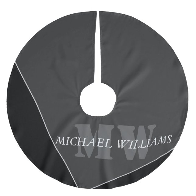 Modern Artistic Gray Black Monogram Brushed Polyester Tree Skirt (Front)