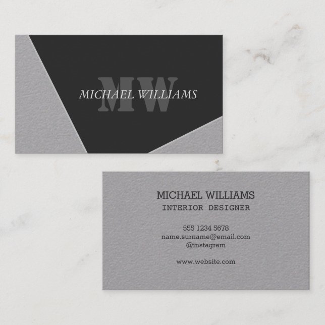 Modern Artistic Gray Black Monogram Business Card (Front/Back)