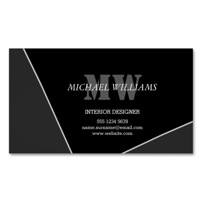 Modern Artistic Gray Black Monogram Business Card Magnet (Front)