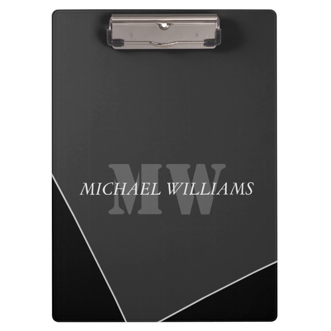 Modern Artistic Gray Black Monogram Clipboard (Front)