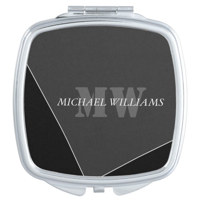 Modern Artistic Gray Black Monogram Compact Mirror (Front)
