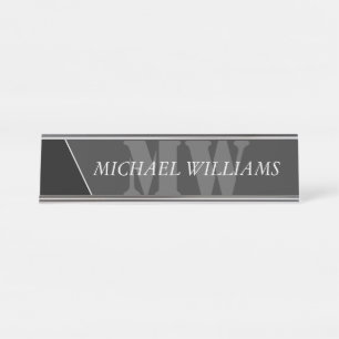 Modern Artistic Gray Black Monogram Desk Name Plate
