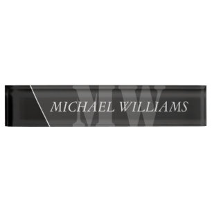 Modern Artistic Gray Black Monogram Desk Name Plate