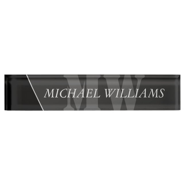 Modern Artistic Gray Black Monogram Desk Name Plate (Front)