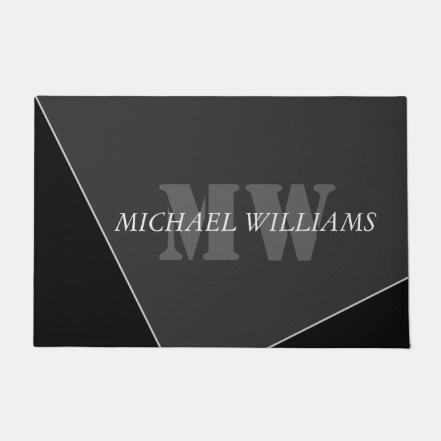 Modern Artistic Gray Black Monogram Doormat (Front)