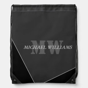 Modern Artistic Gray Black Monogram Drawstring Bag