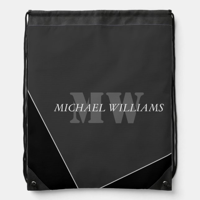 Modern Artistic Gray Black Monogram Drawstring Bag (Front)