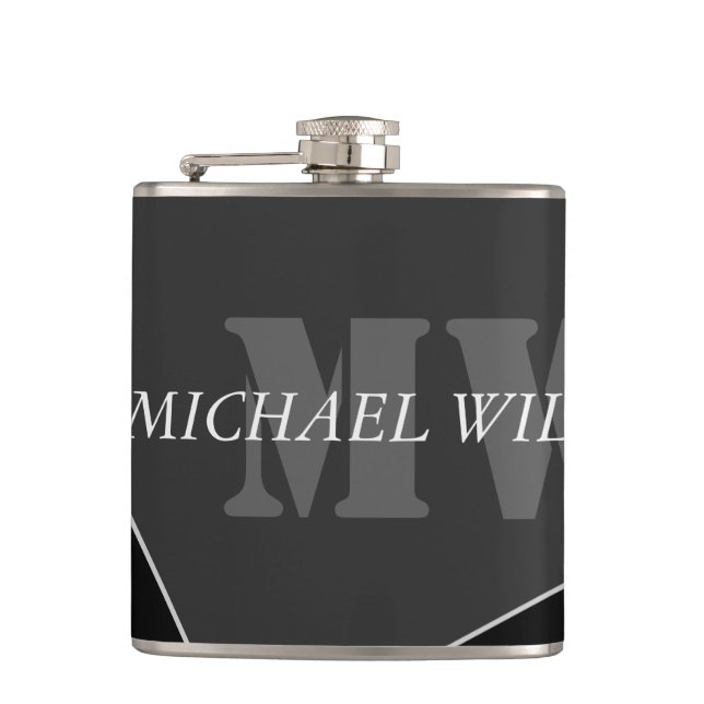 Modern Artistic Gray Black Monogram Flask (Front)