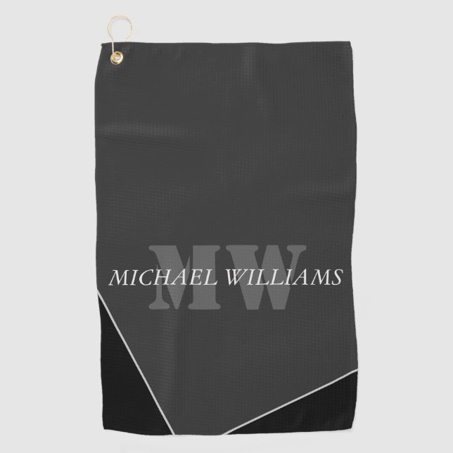 Modern Artistic Gray Black Monogram Golf Towel (Front)