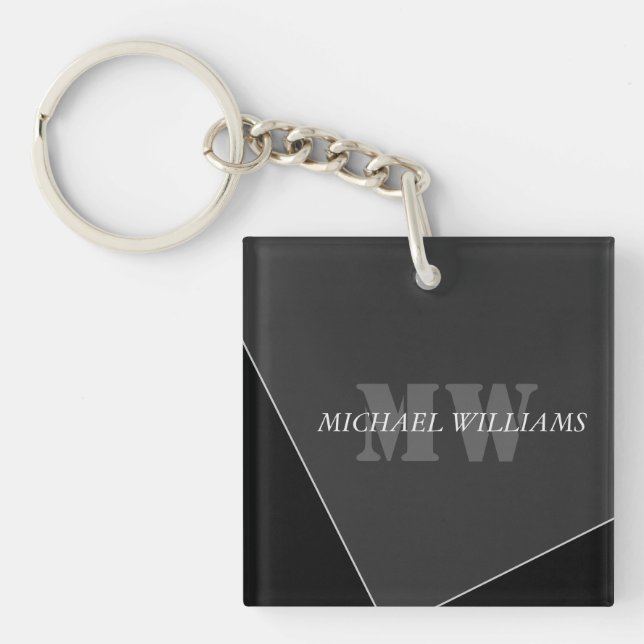 Modern Artistic Gray Black Monogram Keychain (Front)