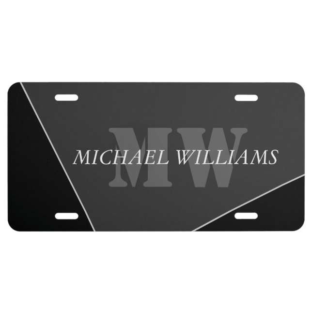 Modern Artistic Gray Black Monogram License Plate (Front)