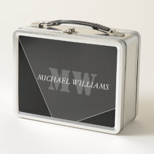 Modern Artistic Gray Black Monogram Metal Lunch Box