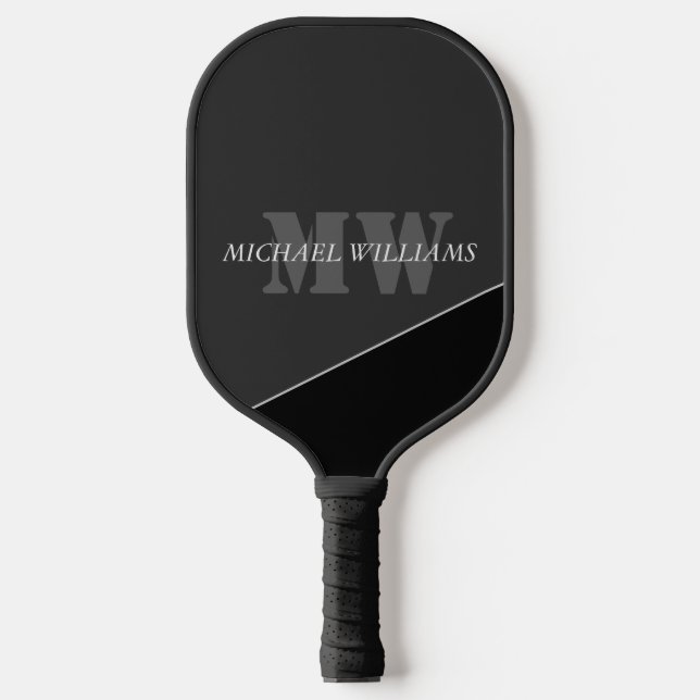 Modern Artistic Gray Black Monogram Pickleball Paddle (Front)