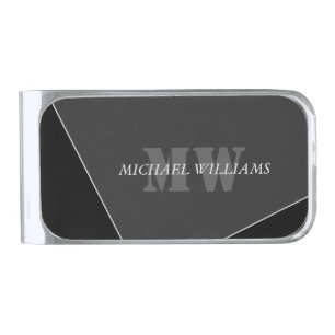 Modern Artistic Gray Black Monogram Silver Finish Money Clip