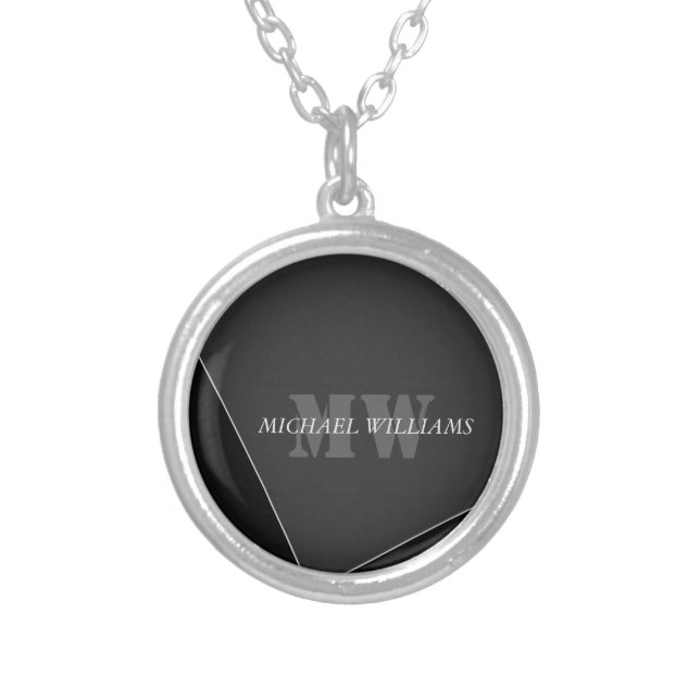 Modern Artistic Gray Black Monogram Silver Plated Necklace (Front)