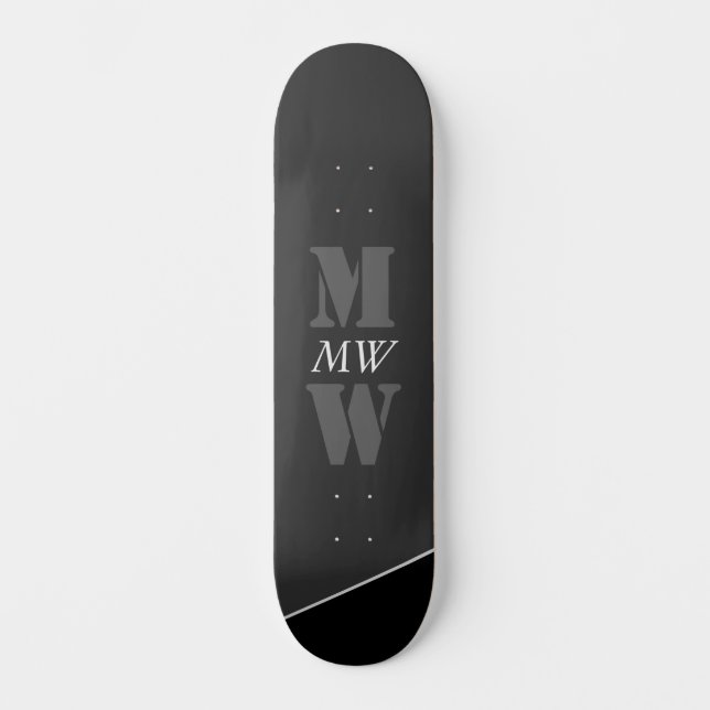 Modern Artistic Gray Black Monogram Skateboard (Front)