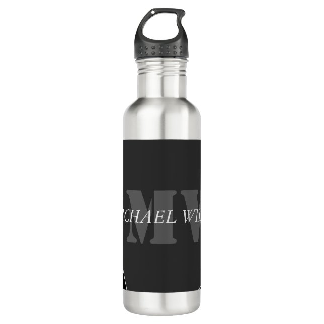 Modern Artistic Gray Black Monogram Stainless Steel Water Bottle (Front)