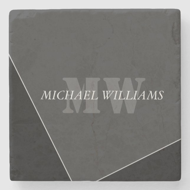 Modern Artistic Gray Black Monogram Stone Coaster (Front)
