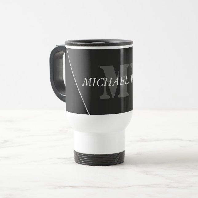 Modern Artistic Gray Black Monogram Travel Mug (Front Left)
