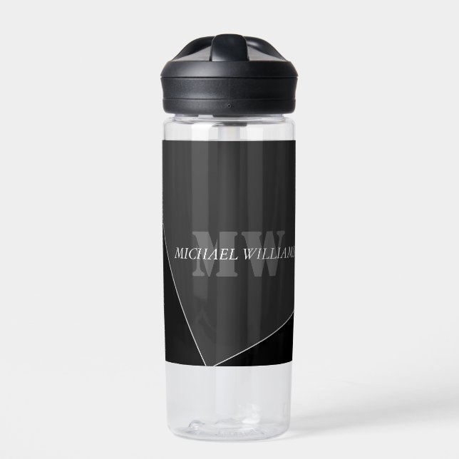 Modern Artistic Gray Black Monogram Water Bottle (Front)