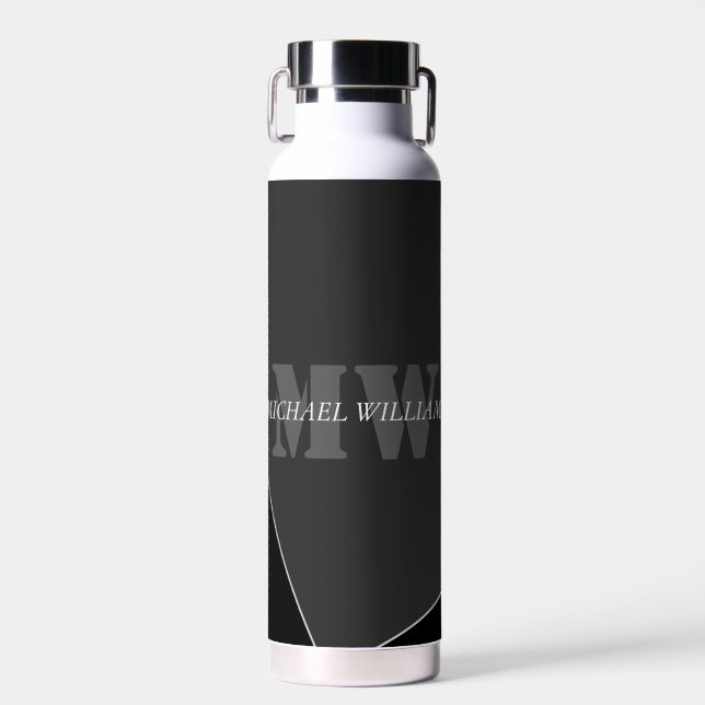 Modern Artistic Gray Black Monogram Water Bottle (Front)