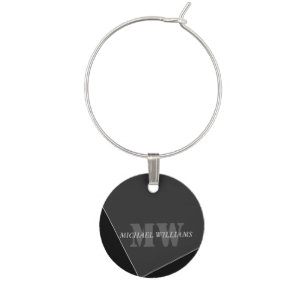 Modern Artistic Gray Black Monogram Wine Charm