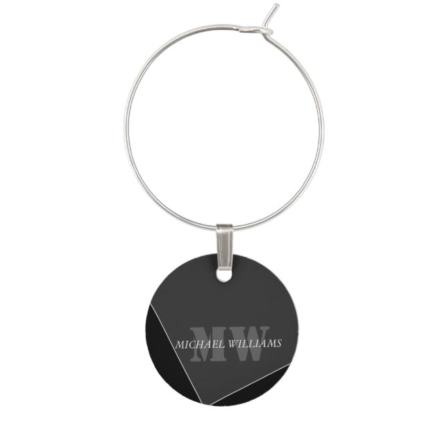 Modern Artistic Gray Black Monogram Wine Charm (Front)
