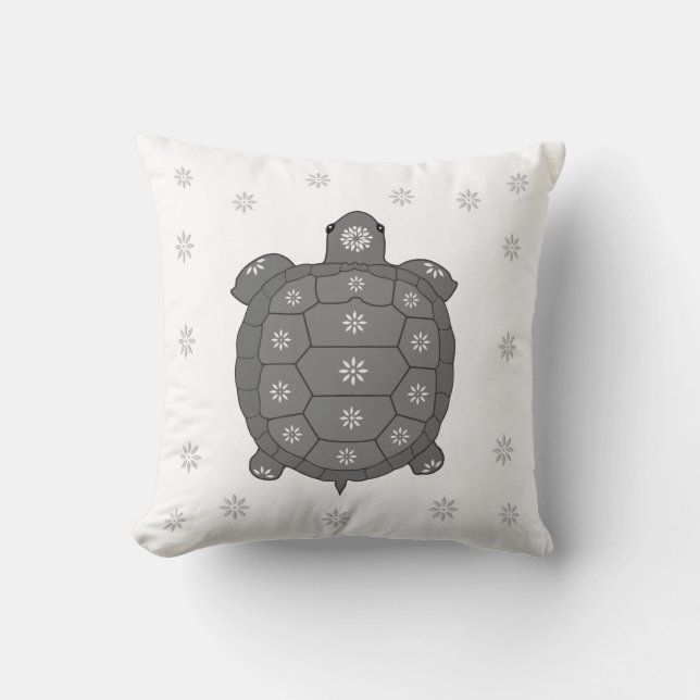 Modern Artistic Gray Tortoise & Flowers on White Throw Pillow (Front)