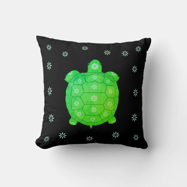 Modern Artistic Green Tortoise & Flowers on Black Throw Pillow (Front)