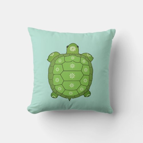 Modern Artistic Green Tortoise on Light Teal Throw Pillow
