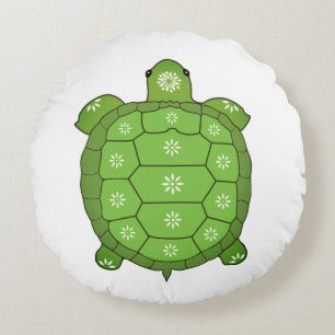 Modern Artistic Green Tortoise on White Round Pillow