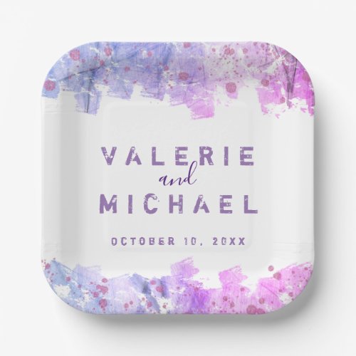 Modern Artistic Grunge Pink and Purple Wedding  Paper Plates