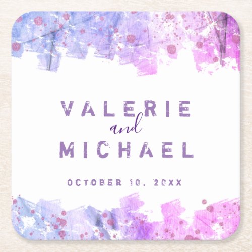 Modern Artistic Grunge Pink and Purple Wedding Square Paper Coaster