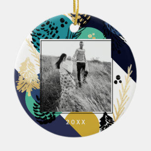 Modern Artistic Minimal Blue Pine Cone Photo Ceramic Ornament