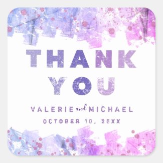 Modern Artistic Pink and Purple Wedding Thank You Square Sticker