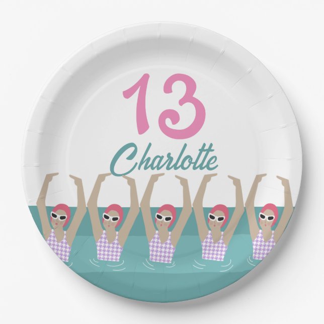 Modern Artistic Swimmers 13th Birthday Party Paper Plates (Front)